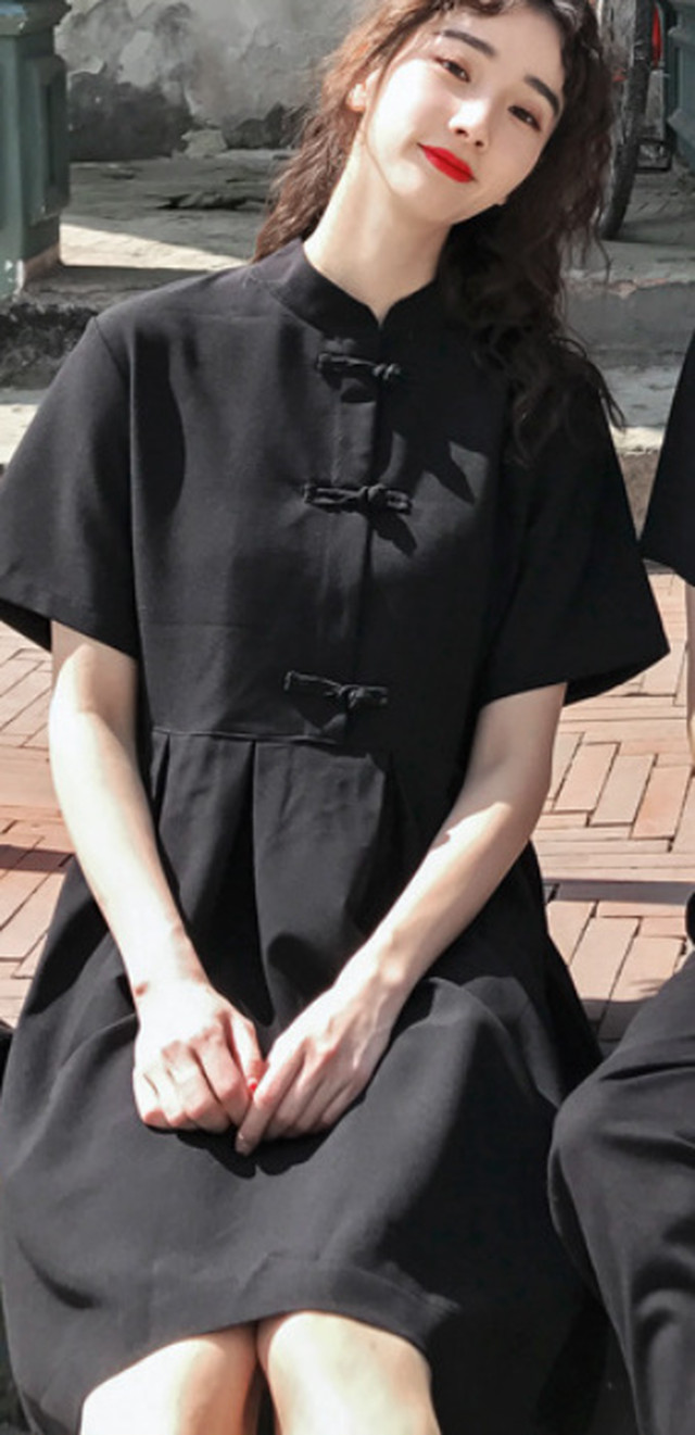 Top Mode ワンピース ひざ丈 チャイナボタン フレアワンピ 膝上丈 ミニワンピ 半袖 チャイナドレス チャイナ服 レディース 漢服 ワンピース ロリータ 原宿系 ゆめかわ 病みかわ 普段着 青文字系かわいい レディース ユニセックス こなれ感 きれいめ 夏 レディース ユニ