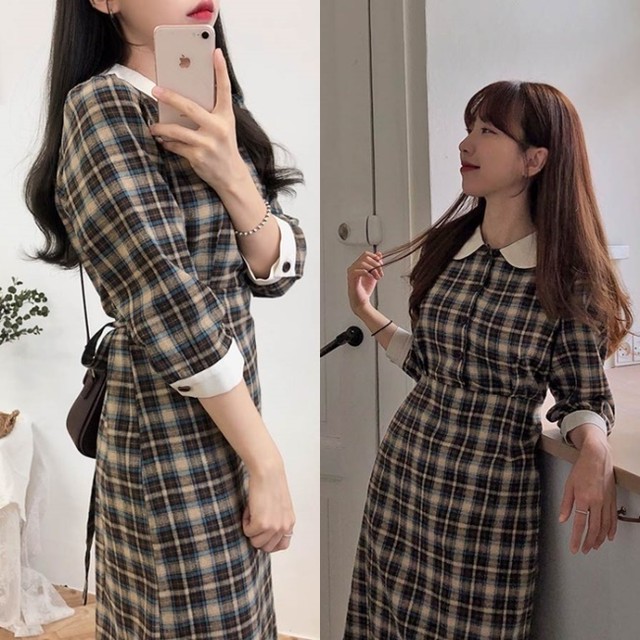 チェック ワンピース 秋冬 レディース 韓国 ファッション 秋服 レディース かわいい ワンピース ロング ワンピ 丸襟 白 レトロ チェック柄 ロングワンピース タータンチェック 前ボタン ワンピース オルチャン ファッション 冬服 レディース Vestito