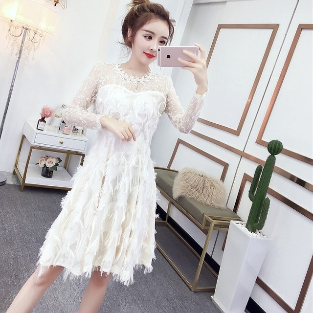 21新入荷 長袖 ラウンドネック オーガンザステッチ レース パーティードレス ドレス Feonnaaherbals Com