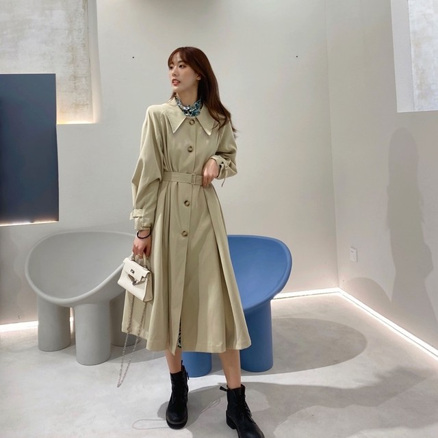 シングルブレストトレンチコート ミモレ丈 長袖 シンプル きれいめ 無地 ハイウエスト ウエストマーク 秋冬 お出かけ 通勤 デート 女子会 デイリー アースカラー Arroser