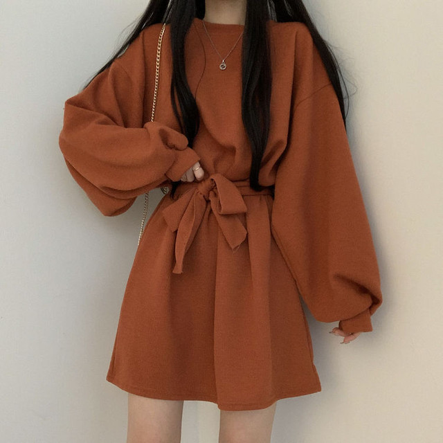 ワンピース クルーネック 長袖 ボリューム袖 ドロップショルダー ミニ丈 フレア Aライン ウエストマーク ゆったり 無地 シンプル カジュアル ストリート ガーリー 春 秋 冬 Pa9598 Mahha Planet
