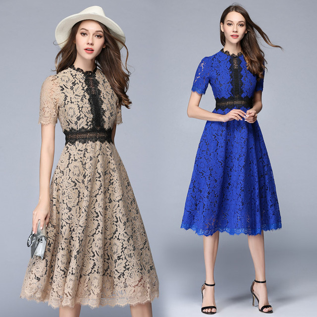 桜井日奈子さん 永島優美アナ 真飛聖さんご着用 D061 ブラックレース切替 レース ワンピース ブルー ベージュ 結婚式 二次会 半袖 ミモレ丈 袖あり 上品 青 ロングワンピース パーティードレス パーティー 茶系 黒 膝丈 膝下 ロング ミディ フレア 総レース