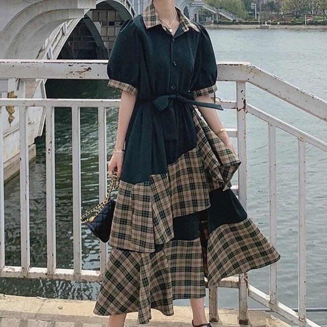 No 610 レディース シャツワンピース 2段フリル チェック 切替 アシメ おしゃれ 可愛い 韓国ファッション 韓国のプチプラレディース 子供服ショップ Sourire