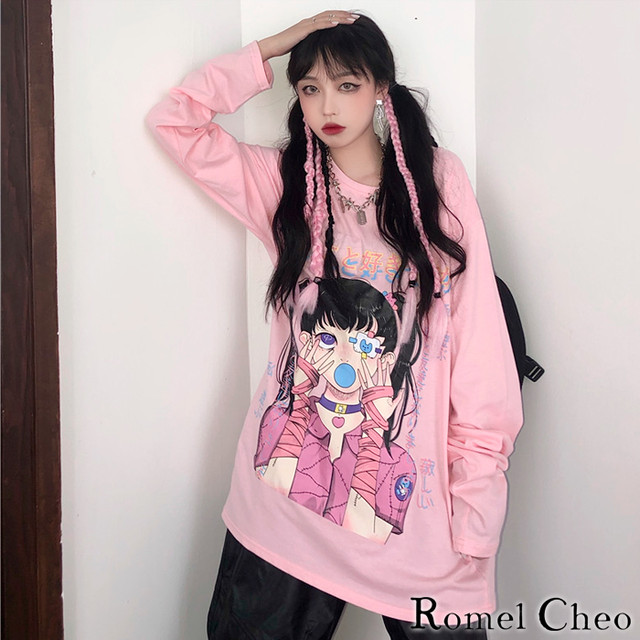 お支払い確認後日以内発送 Romelcheo かまってちゃん 長袖 Tシャツ ロンt ロング 病みかわいい イラスト レディース 原宿系 個性的 青文字系 ガーリー メンヘラ女子 カジュアル ファッション ロメルチェオ Romelcheo