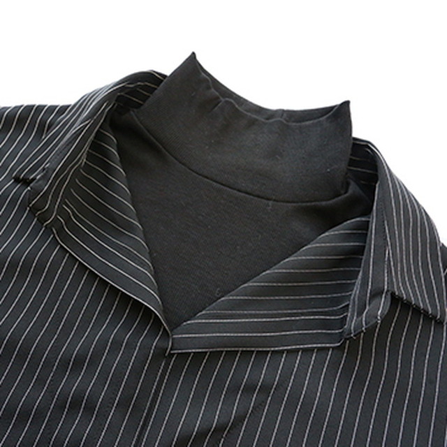 長袖シャツ タートルネック フェイク 重ね着風 プルオーバー ストライプ柄 前ポケット 大人カジュアル 10代 代 プチプラ 春物シャツ オルチャン 天使と悪魔 サブカル系ファッション Seasonz