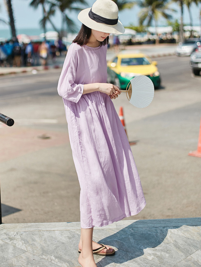 全3色 胸下切替リネンワンピース ゆったり ミモレ丈 ナチュラル リラックス ラウンドネック 春夏 お出かけ デート 女子会 デイリー 七分袖 無地 Arroser