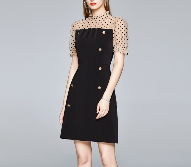ワンピース ドレス ショート丈 ボトルネック 半袖 ドット Xライン クラシカル エレガント お呼ばれ デート W A 0713 Bell ベル もっと気軽に もっとオシャレを