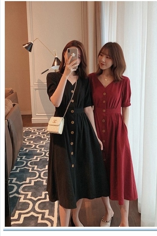夏服 レディース Vネック ワンピース ミモレ丈 フロントボタンワンピース 黒ワンピース 大きいサイズ レディース ワンピース 春 夏 ウエ Basecamp49