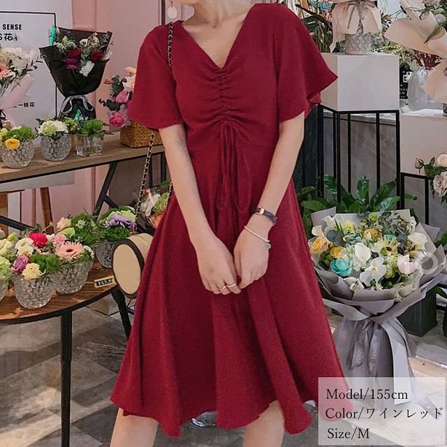 即納 ワンピース 半袖 フレアスリーブ Vネック 膝上丈 膝丈 胸元ギャザー リボン 無地 フレア Aライン レディース M Xl 黒 ブラック ワインレッド Ns 03 Daily Closet