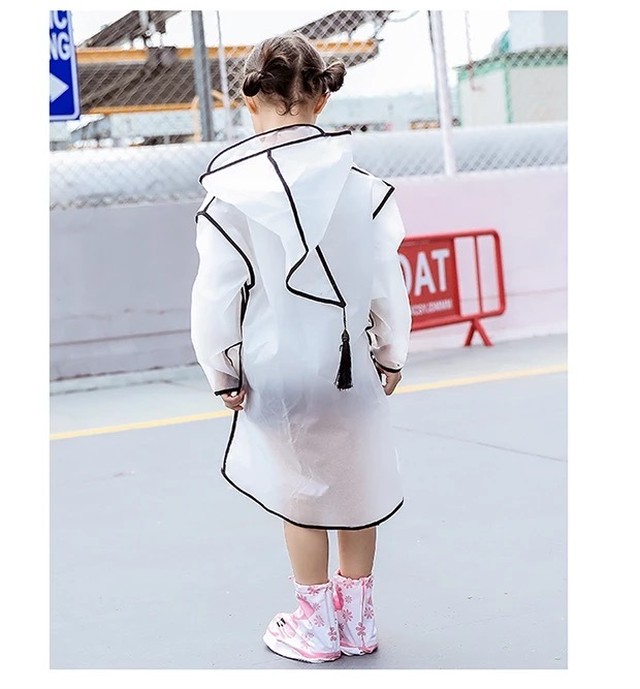 New レインコート キッズ シースルー フリンジ付き モノトーン 白黒 とんがりフード カッパ 雨がっぱ おしゃれ 雨具 子供 女の子 男の子 収納袋付き Mimi