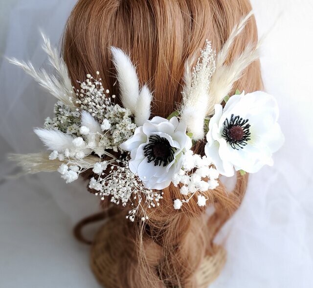 アネモネ パンパスグラス 髪飾り ドライフラワー 結婚式 成人式 和装 Niji Wedding 手作り ブーケ 髪飾り 花冠の通販