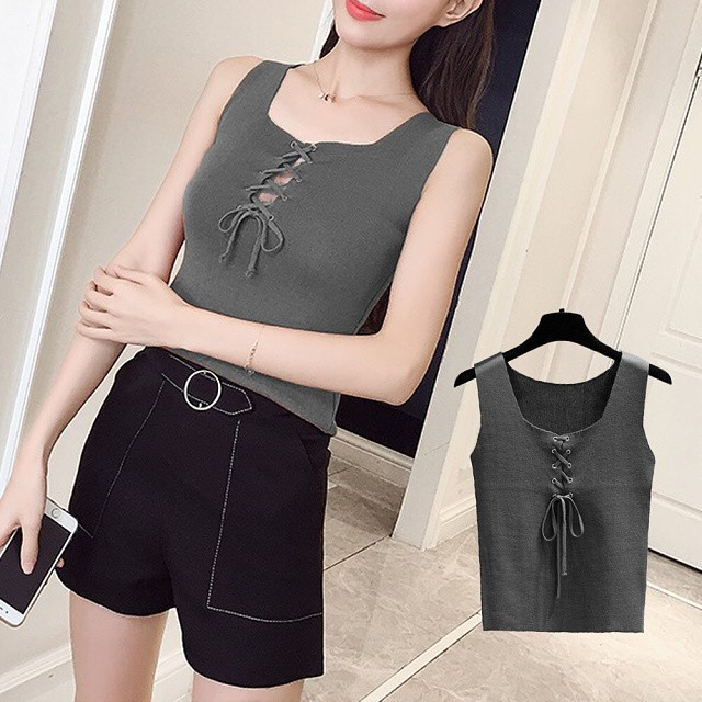 即納 タンクトップ ノースリーブ サマーニット レースアップ ショート丈 セクシー カットソー レディース トップス 白 黒 ホワイト ブラック グレー ブラウン Ns 0162 Daily Closet
