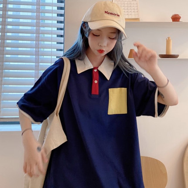 レトロコーデ ポロシャツ バイカラー レディース メンズライク おしゃれ ゆるだぼ 韓国 かわいい オルチャン 半袖 デイリー Ptnym3698 Shop Suba