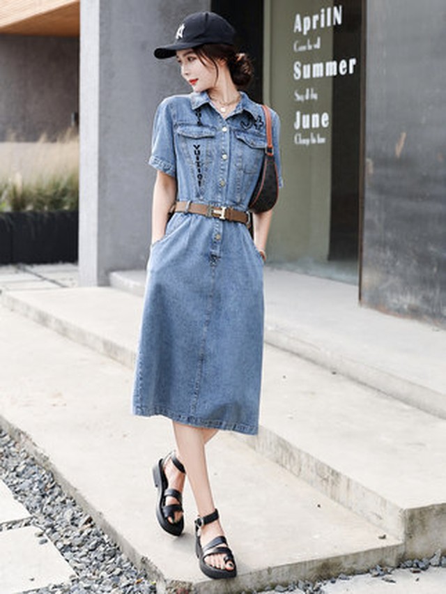 大阪買い ワンピース デニムワンピース 膝下 半袖 襟付き 刺繍 ボタン デニム かわいい 大人可愛い ディーラー小売価格 Ssl Daikyogo Or Jp