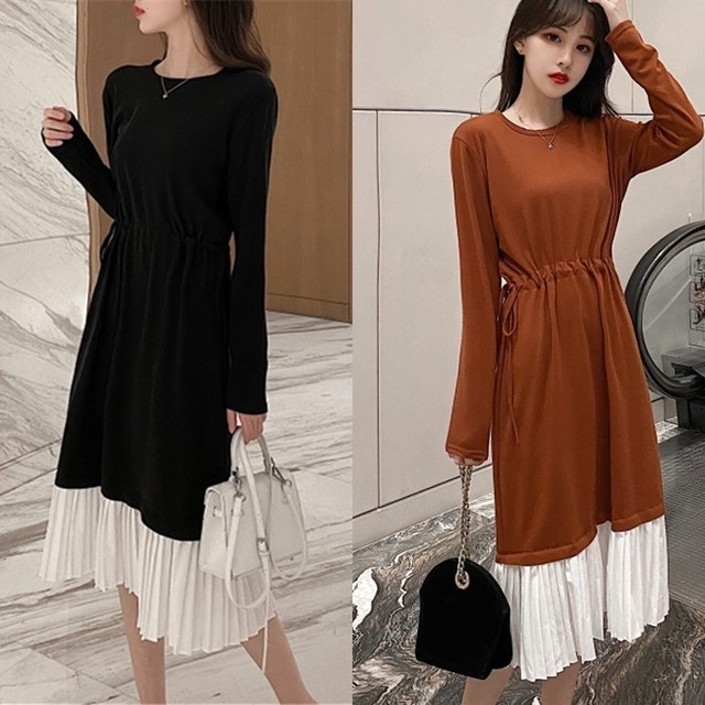 ドッキング ワンピース 秋服 レディース 韓国 ファッション ワンピース ロング 異素材 ワンピース ロング レイヤード風 カットソーワンピ 黒 ブラウン ウエストシャーリング 長袖 クルーネック ロングワンピース Vestito