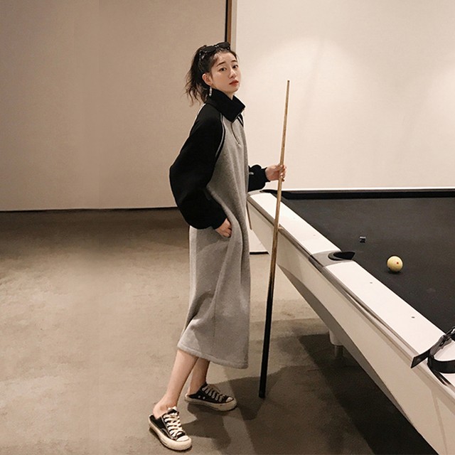 バイカラー スウェットワンピース Bs 442 ワンピース ミモレ丈 ロングワンピース 長袖 トレーナー ゆったり モノトーン スポーツカジュアル 大人可愛い 大人カジュアル 体型カバー 着痩せ おしゃれ 楽ちん らくらく ラフ 韓国服 韓国ファッション 普段着 部屋着 ルーム
