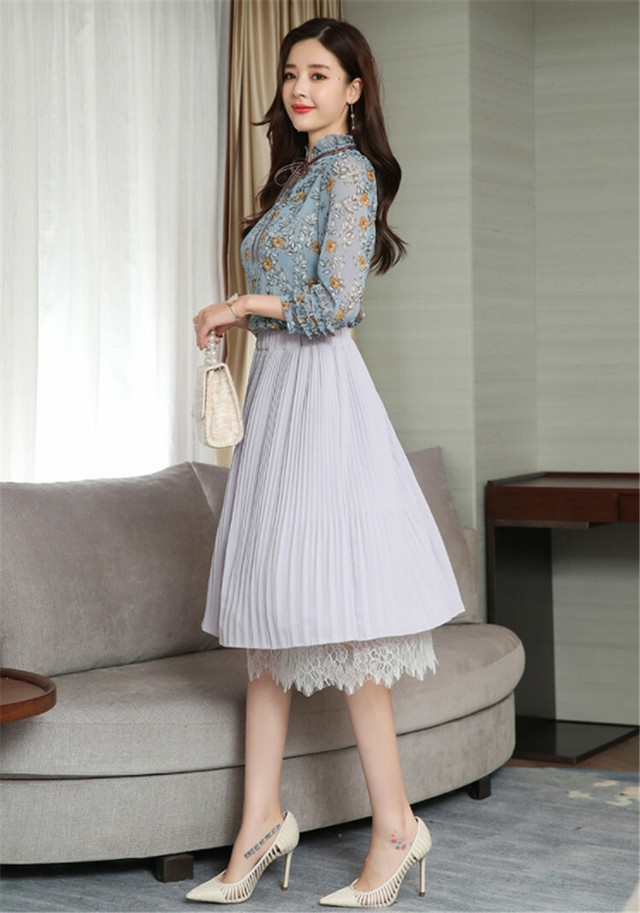 春も使える 限定sale 韓国ファッション 気質ol スタイル シフォン シャツ プリーツスカート 2点セット 特売チャンネル