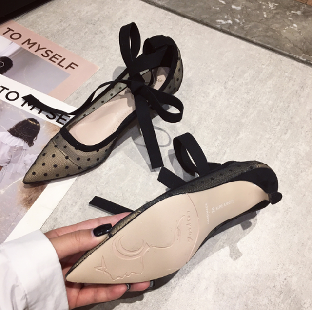 パンプス ポインテッドトゥ ドット柄 レースアップ クロスストラップ シースルー リボン メッシュ レース ローヒール 大人可愛い 上品 カジュアル きれいめ お呼ばれ デート 女子会 春 夏 Like Fashion
