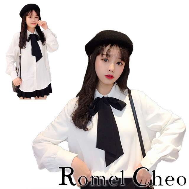 Romelcheo リボン ホワイト シャツ 白 ブラウス シンプル レディース 長袖 フォーマル オフィス 学生 制服 ボリューム袖 原宿系 ロリータ ガーリー 大人可愛い ファッション 服 セミフォーマル ロメルチェオ Romelcheo