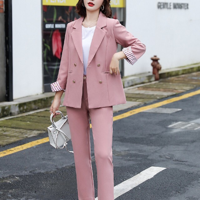 全3色 2点セット レディース スーツ 金wボタン 折返し袖 テーラード襟ジャケット パンツ セットアップ 長袖 ストライプ ブラック ブルー ピンク S M L Xl Favoriteselect