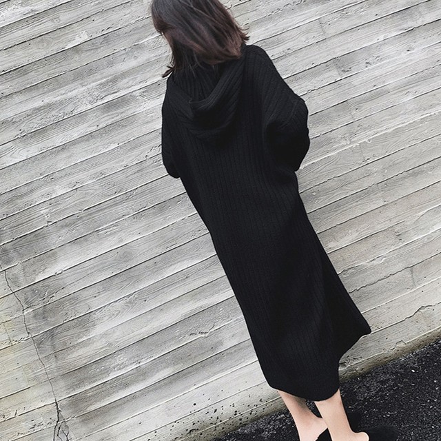 フード付き ニットワンピース レディース ゆったり ロングワンピース 長袖 カジュアル 無地 シンプル 大人 デザイン 黒 体型カバー ワンピ ワンピース Infini Arc En Ciel