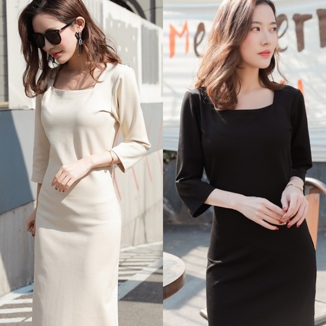 ワンピース 秋 レディース ロングワンピース 韓国 ファッション 秋服 レディース スクエアネック 上品 フォーマル オフィスカジュアル シンプル ワンピ オフホワイト 黒 オルチャン ファッション ワンピ 秋 Vestito