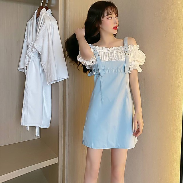 ミニワンピース オフショルダー ドッキング フェミニン ブルー ピンク パステルカラー サスペンダー ミニ 無地 膝丈 Iライン 春 夏 秋 大人女子 大人可愛い 上品 きれいめ モード レトロ ヴィンテージ クラシック シンプル ラフ ナチュラル お出かけ ベーシック トレンド
