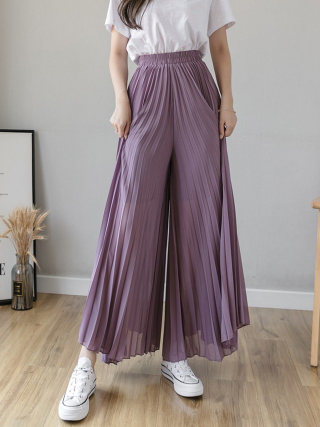 ワイドパンツ ガウチョ プリーツ ドレープ ブラック 黒 パープル 紫 ブルー 青 ハイウエスト 無地 キレイめ シンプル おしゃれ かわいい 韓国 韓国ファッション オルチャン オルチャンファッション P1156 Korean Select 韓国ファッション オルチャンファッション