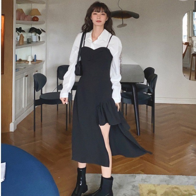 フレア アシンメトリー フリル ロングスカート レディース サスペンダー 無地 大人可愛い ロリータ セクシー フェミニン お出かけ デート 春 夏 黒 Evergreen