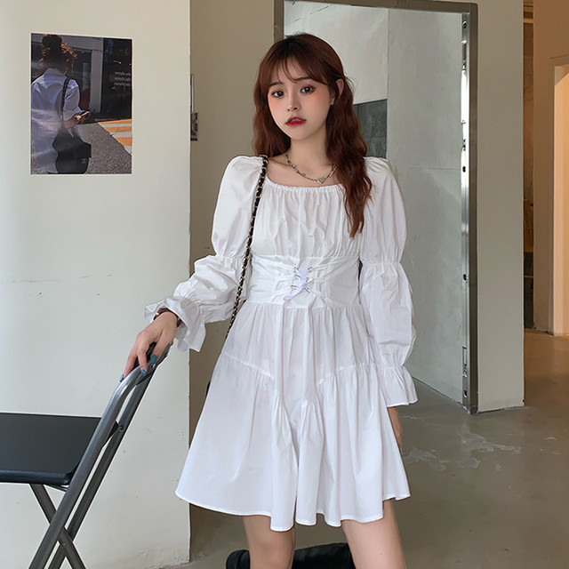 レディース ワンピース 春 夏 秋 ショート丈 スカート コンシャス袖 長袖 バックリボン バックシャン スクエアネック ワンピース シンプル カジュアル おしゃれ 大人可愛い お出かけ デート 通学 キャンパス 通勤 オフィス 学生 旅行 女子会 普段着 ホワイト 白 Hf301