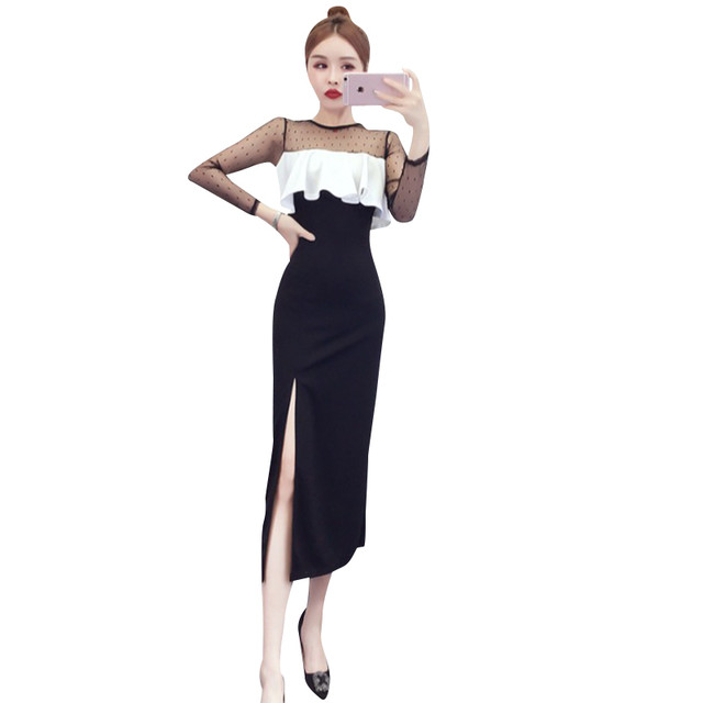 スリット入りワンピース ロングドレス シースルー ドット フリル ハイウエスト 春 秋 A660 Bshop