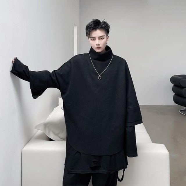メンズ モード系 タートルネック ハイネック 7分袖 セーター 黒コーデ 個性的 ビッグシルエット ゆったり ストリート系 原宿系 オルチャン 10代 代 天使と悪魔 サブカル系ファッション Seasonz