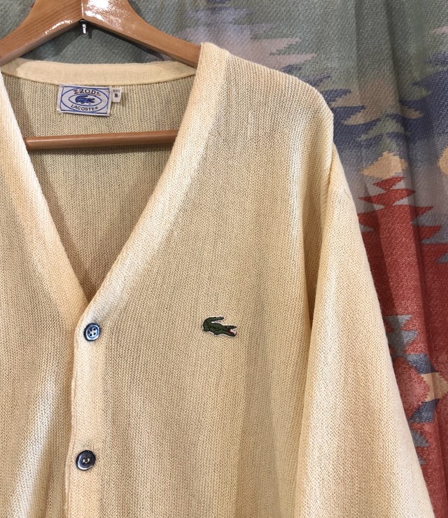 80s ビンテージ Lacoste ラコステ アクリルニットカーディガン ライトイエロー 黄色 メンズm ヴィンテージ 古着 レディース古着 メンズ古着 陽気な古着屋frank