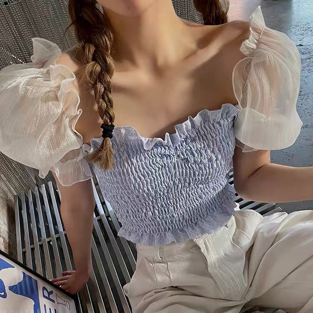 blue shirring tops