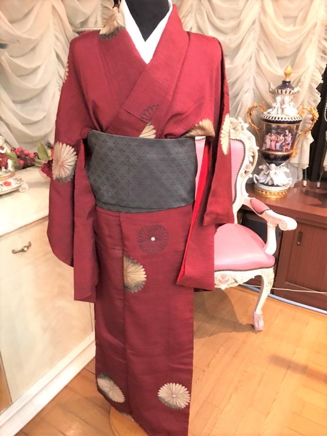ワインレッド 花 模様 着物 和装 和服 普段着 おしゃれ着 食事会 New York アルテミス店