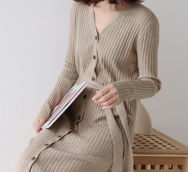 オススメ 新作 冬物 ワンピース ニット ロング丈 ボタンダウン Vネック ウエストマーク リボン カジュアル オフィス キャンパス デート Ct09 ゆるふわショップ ふるれ