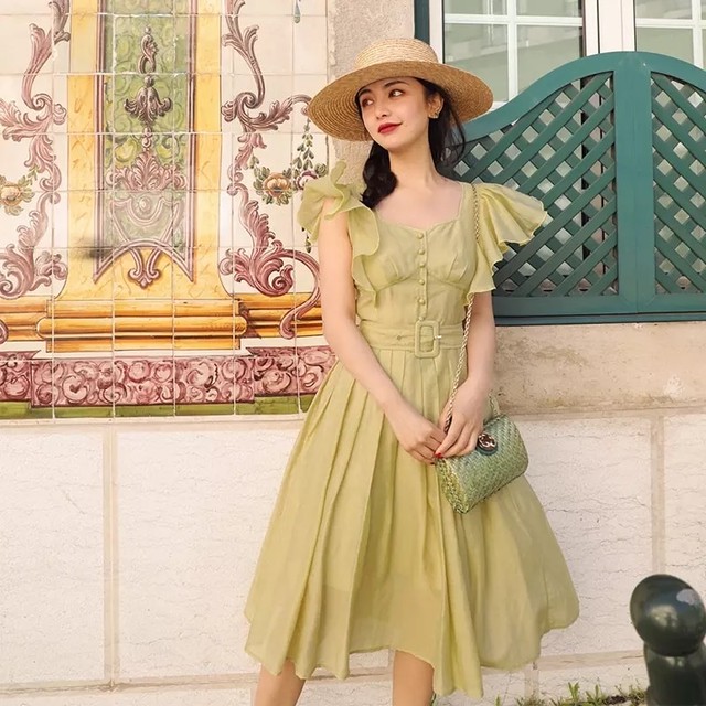 グリーン フレア フリル ワンピース みどり ベルト Xs 膝丈 ミディアム エレガント Loveysmileshop