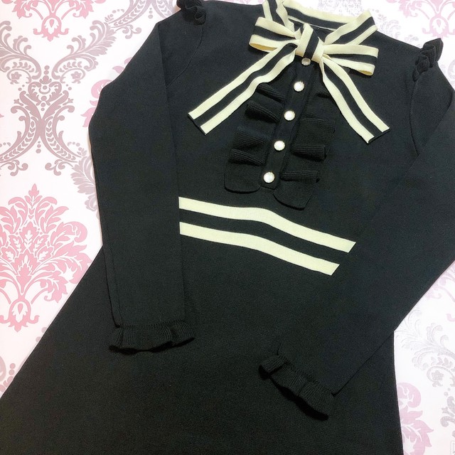 ଘ ଓバイカラー フリルリボンニットワンピースଘ Princesshyatt 量産型地雷系原宿系パンクストリートブラック韓国系厚底リュック