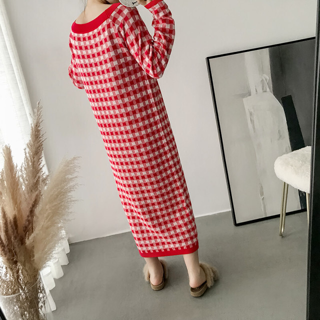 チェック柄ニットワンピース Iライン ニット チェック ワンピース ワンピ ミモレ丈 体型カバー 春 秋 冬 大人 デート お出かけ 女子会 韓国 韓国ファッション オルチャン 可愛い レディース Fa334 Musubi Me 韓国 オルチャン レディースファッションのお店