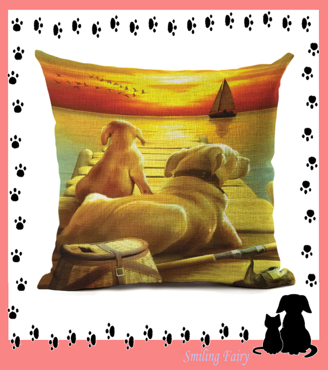 犬クッションカバー 夕日を浴びるワンちゃん 幸せな暮らし インテリア 人気 動物 雑貨 Funhobby