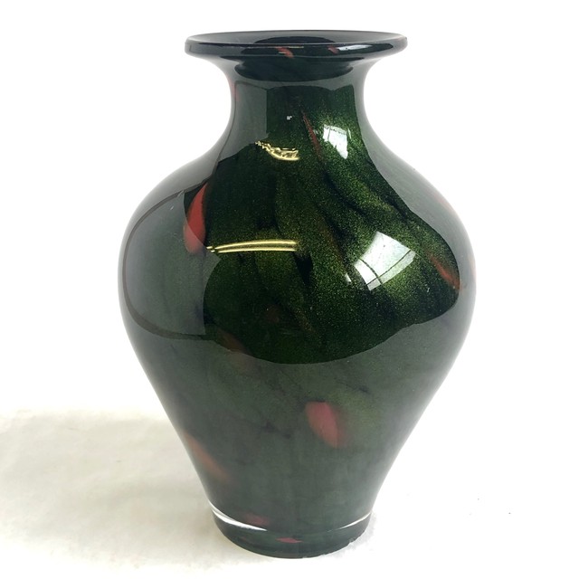 訳あり ガラス花瓶 グリーン 緑 ラメ フラワーベース 昭和レトロ 花器 インテリア 雑貨 高さ約23cm リサイクル ビンテージ アンティーク 風雅 Fuga