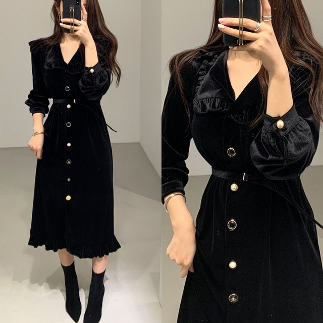 ワンピース レディース 長袖ワンピース 無地 フロントボタン フリル 大人カジュアル きちんと感 Vネック きれいめ Happy Toon