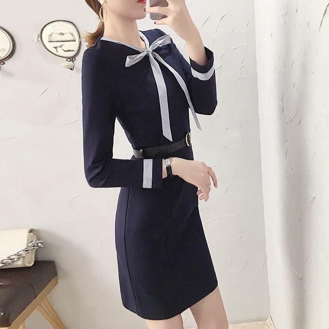 ドレス ワンピース ドレス レディース 女性 リボン ネイビー 膝丈 大きいサイズ ベルト 通勤 Ol オフィス ビジネス 入園式 入学式 卒園式 卒業 式 お呼ばれ Goldayahiro