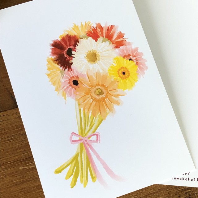 メッセージ入れ可能 ガーベラの花束 イラストポストカード2枚セット Kokoartshop