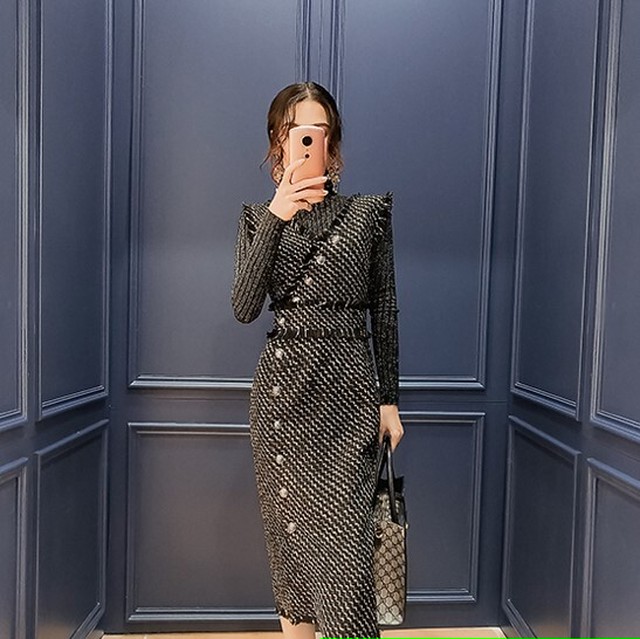 ツイード ジャンパースカート ワンピース ドレス サイドボタン ノースリーブ ひざ丈 タイト ブラック 上品 エレガント 大人きれい 韓国 オルチャン 秋 冬 Like Fashion