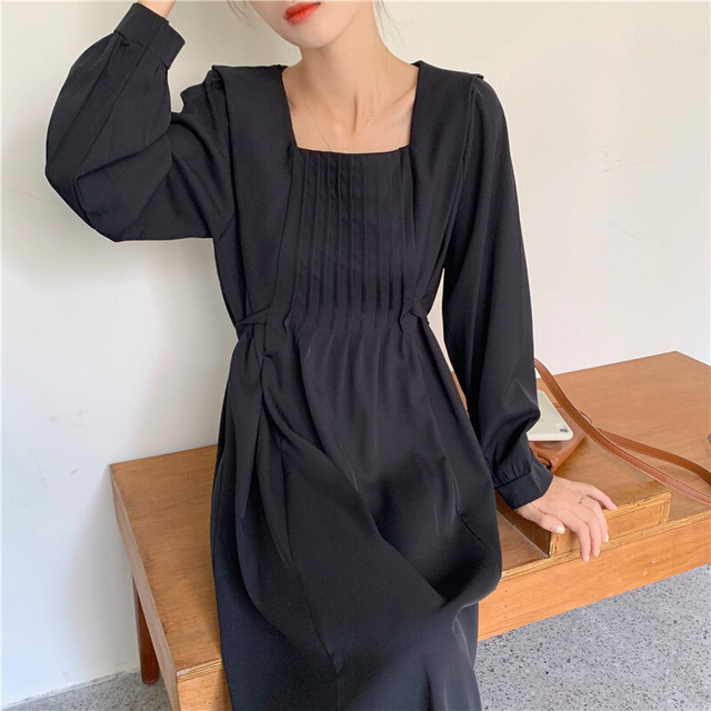 レディース ワンピース 春 秋 冬 シャツ ワンピース 長袖 ロング丈 スクエアネック ワンピース シンプル カジュアル おしゃれ ガーリー 大人可愛い お出かけ デート 通学 キャンパス 通勤 オフィス 学生 旅行 女子会 普段着 ブラック カーキ 黒 Hf Haru Meets Foo