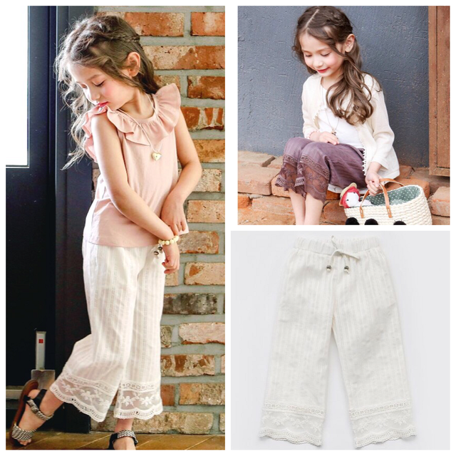 韓国子供服flo ワイドパンツ レース編みデザイン 女の子 大人顔負けおしゃれなワイドパンツ Milkyjiji