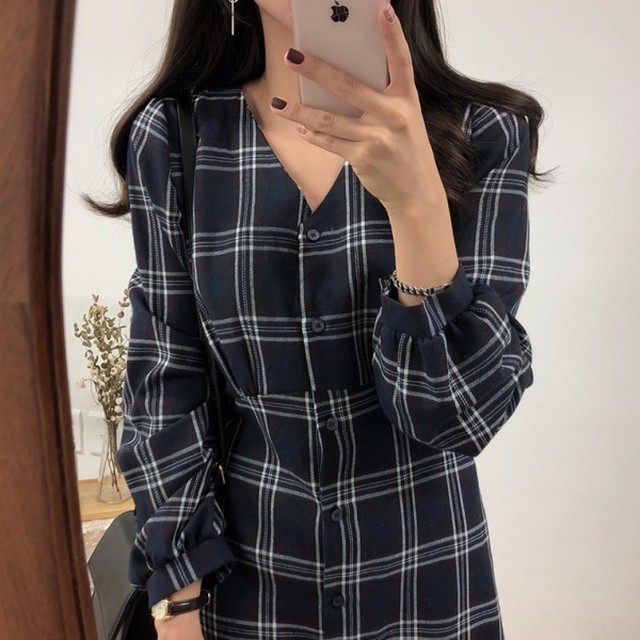 チェック ワンピース 秋冬 レディース Vネック シャツワンピース 韓国 ファッション レディース ノーカラー フレア ロングワンピース タータンチェック ワンピ ベージュ ネイビー チェック柄ワンピース Vestito