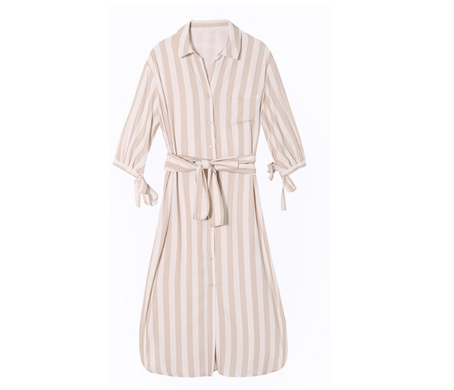 シャツワンピース ワンピース ストライプ ロングシャツワンピース ロングシャツ 長袖 ロング丈 ウエストリボン 7分袖 おでかけ デート 春 夏 Mh0981 Valentina210