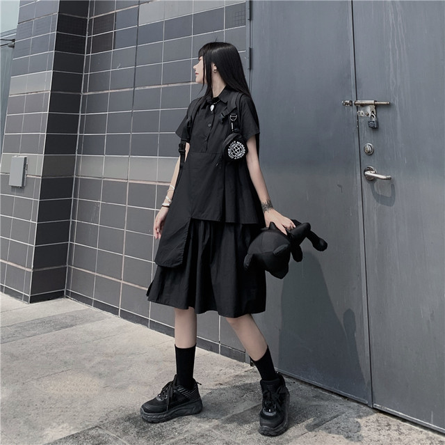 ゴスロリ シャツワンピ 半袖 アシメ レイヤー ハイウエスト 病みかわいい 黒 白 ストリート系 病みかわいい 原宿系 オルチャン 韓国 10代 代 天使と悪魔 サブカル系ファッション Seasonz